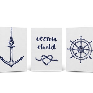 Anchor Ship Wheel and Quote Navy Blue White Nautical Decor 3 Pieces Canvas Print set Coastal Wall Art Home Decor Stretched Ready to Hang