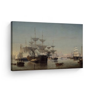 New York Harbor 1855, Fitz Henry Lane Classic Art Canvas Wall Art Print Famous Oil Painting Reproduction Living Room Bedroom Home Decor