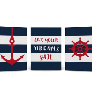 Anchor Ship Wheel and Quote Navy Blue and White Striped Nautical Decor 3 Pieces Canvas Print set Coastal Wall Art Home Decor Ready to Hang