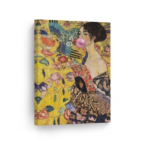 Gustav Klimt&#39;s Masterpiece Lady with Fan Pink Bubble Gum Art Canvas Print Paintings Wall Art Classic Art Home Decor Stretched Ready to Hang
