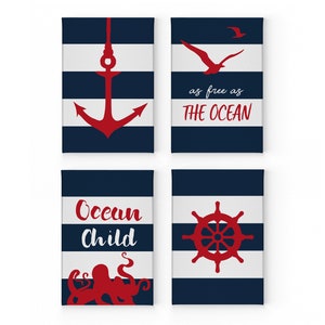 Anchor Ship Wheel Ocean Quotes Navy Blue and White Striped Nautical Decor 4Pieces Canvas Print set Coastal Wall Art Home Decor Ready to Hang