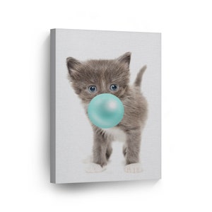 Cute Cat Kitten Animal Bubble Gum Art Teal Blue Canvas Wall Art Print Photo Wall Art Girls and Boys Room Pop Art Kids Room Nursery Decor