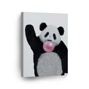 Cute Panda Animal Bubble Gum Art Pink Chewing Gum Canvas Print Black and White Wall Art Animal Prints Home Decor Animal Art Ready to Hang