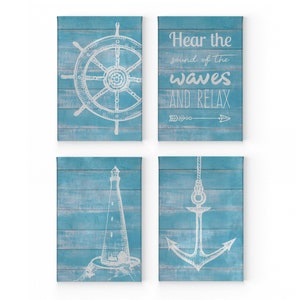 Anchor Ship Wheel Lighthouse and Quote Blue Wooden Nautical Decor 4 Pieces Canvas Print set Coastal Wall Art Home Decor Ready to Hang
