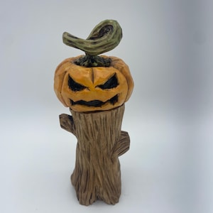 Creepy Pumpkin on a stump - wood carving