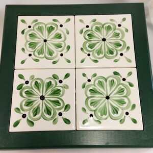 wood trivet with hand painted/fired ceramic tiles