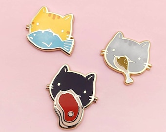 Carnivorous Kitties Enamel Pin Set - Cats with Chicken, Steak, and Fish!