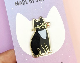 Tuxedo Cat with Rose Enamel Pin - Black and White Cat