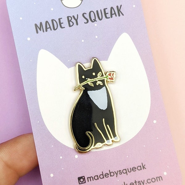 Tuxedo Cat with Rose Enamel Pin - Black and White Cat