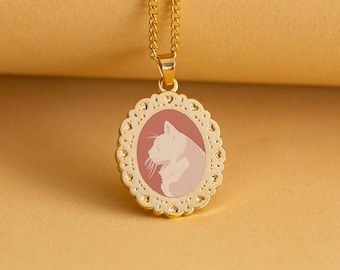 Cameo Cat Enamel Necklace - Pink and Gold