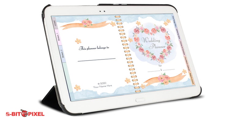 May include: A digital wedding planner on a tablet with a floral design and the text "Wedding Planner". The planner includes sections for budgeting, guest lists, and more.