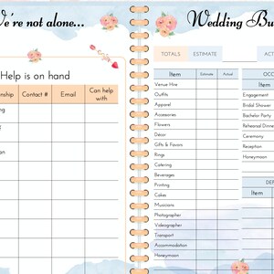 May include: A wedding budget planner with a floral design. The planner includes sections for tracking wedding expenses, deposits, and contact information for vendors and wedding party members. The planner also includes a section for tracking wedding-related tasks.