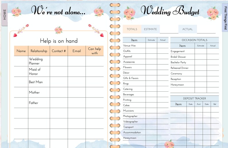 May include: A wedding budget planner with a floral design. The planner includes sections for tracking wedding expenses, deposits, and contact information for vendors and wedding party members. The planner also includes a section for tracking wedding-related tasks.