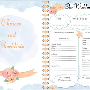 May include: A wedding planner with a light blue and white cover featuring a watercolour design of clouds and flowers. The planner has a section for choices and checklists, a section for first things first, a section for gathering ideas, a section for a countdown calendar, and a section for notes and journals.