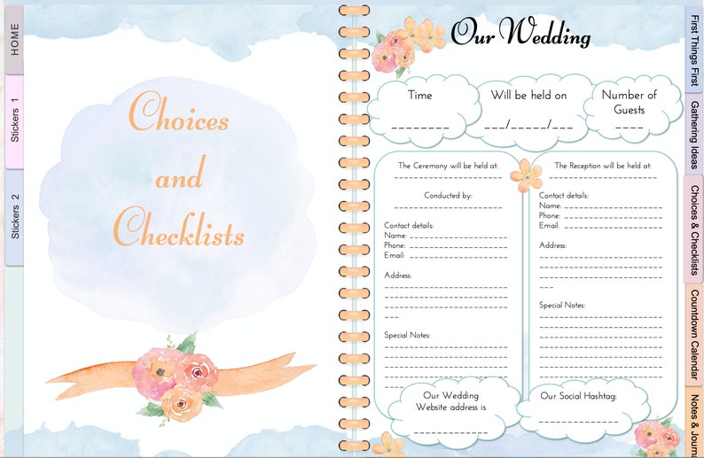 May include: A wedding planner with a light blue and white cover featuring a watercolour design of clouds and flowers. The planner has a section for choices and checklists, a section for first things first, a section for gathering ideas, a section for a countdown calendar, and a section for notes and journals.