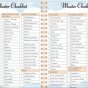 May include: A light blue and white wedding checklist with sections for venue bookings, professionals and officials, outfits and apparel, stationery, flowers and decor, honeymoon, hire, rings, transport, photography and videography, and choices and checklists. The checklist is designed to help couples plan their wedding.