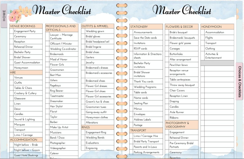 May include: A light blue and white wedding checklist with sections for venue bookings, professionals and officials, outfits and apparel, stationery, flowers and decor, honeymoon, hire, rings, transport, photography and videography, and choices and checklists. The checklist is designed to help couples plan their wedding.