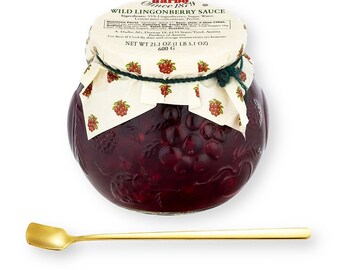 D'Arbo Wild Lingonberry Sauce in Fancy Jar 21.1 Oz. (600 G) with Gold Stainless Steel Spreader Spoon (2-Pc Set)