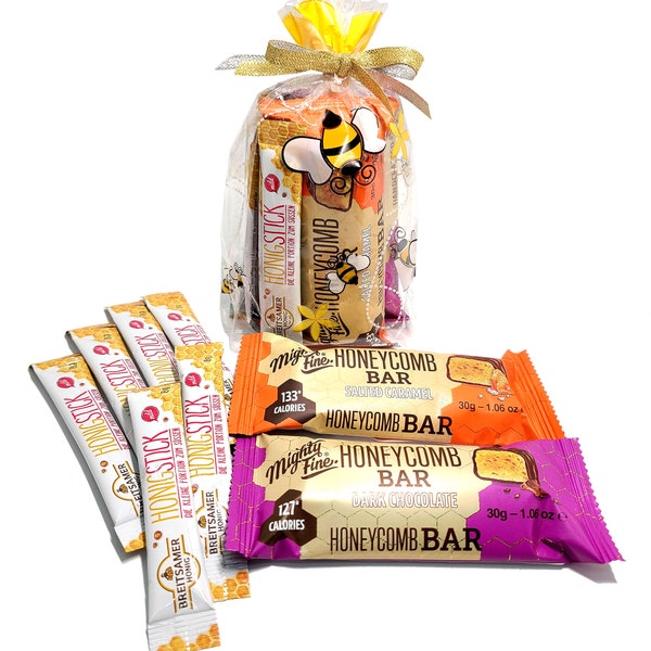 All About Bees - Sweets Gift Bag with Mighty Fine Honeycomb Bars and Breitsamer Honig Honey Sticks (8-Pc Gift)