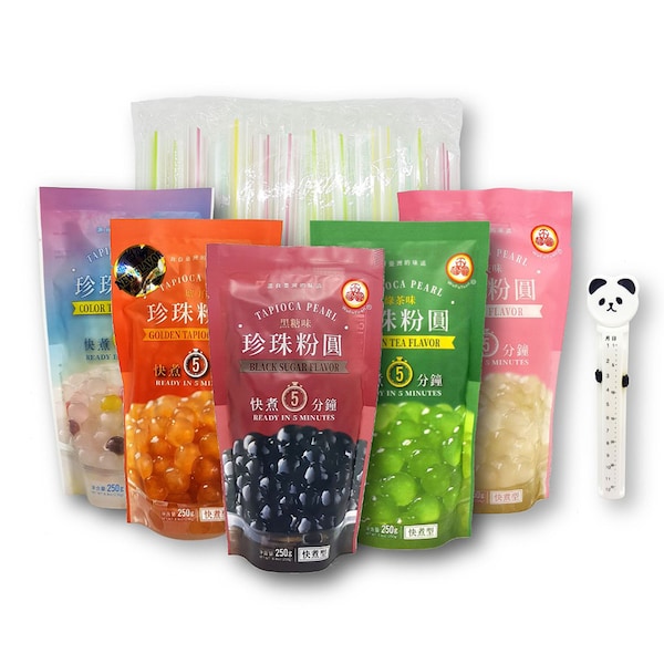 WuFuYuan 5-Pack Variety Boba Tapioca Pearls Bubble Tea Quick Cook , 50 Individually Wrapped Straws 8.8 Oz. Ea. & Bonus Storage Bag Clip