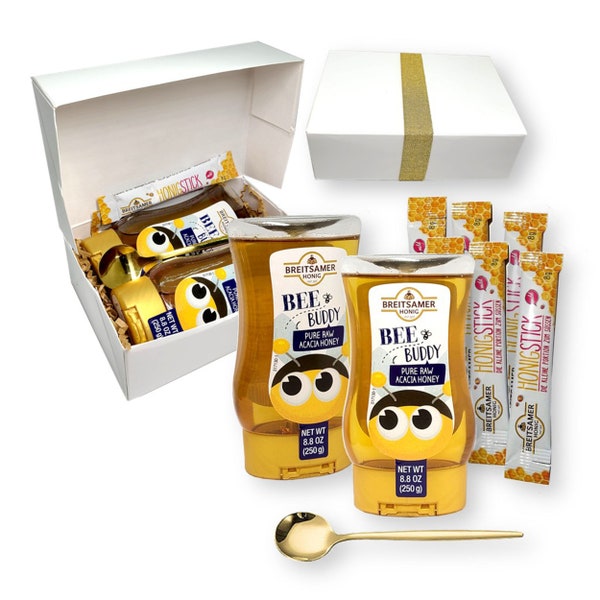 Breitsamer Honig Gift Set - 2 Bee Buddy Pure Raw ACACIA Honey Squeeze Bottles, 6 Honey Sticks, & 1 Gold Stainless Steel Spoon - (9-Pc Set)