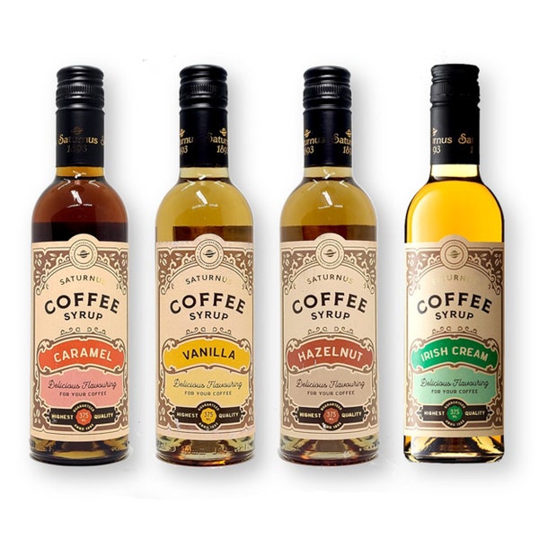 Saturnus Coffee Syrups from Sweden 4 Flavors: Caramel, Vanilla, Hazelnut, or Irish Cream 375 Ml. / 12.68 Fl. Oz. (Pack of 1)