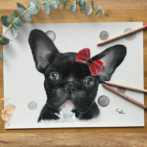 Art pastels secs - bulldog - miss cabaret -portraits - bouledogue- original