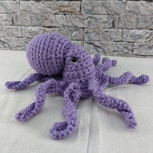 May include: A crocheted purple octopus plush toy with eight tentacles. The octopus has a single black eye.