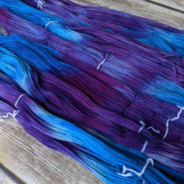 purple stargazing yarn, wool yarn, self striping yarn, hand dyed yarn, worsted weight yarn, purple and blue yarn, purple yarn, blue yarn