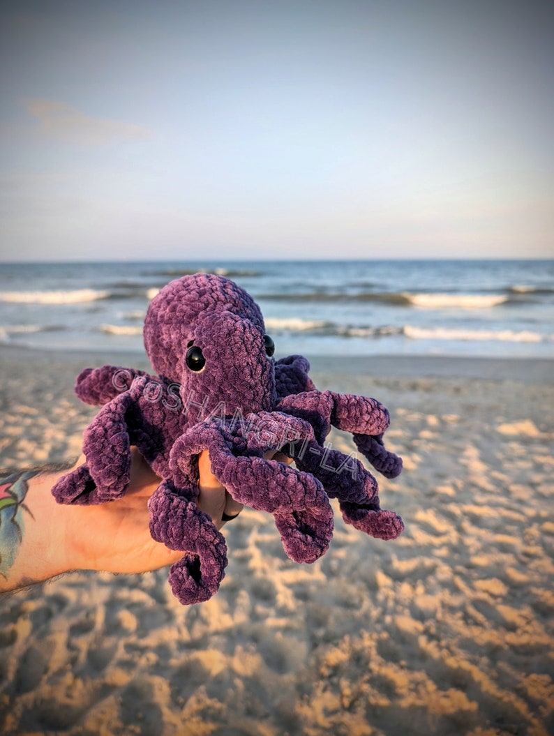 May include: A purple crocheted octopus plush toy with black eyes, held in a hand against a beach background.