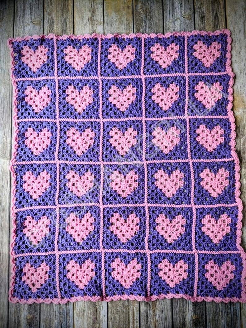 39 Heart Granny Square Crochet Patterns for Blankets, Bags, and Sweet Motifs 19 Heart Granny Square Crochet Blanket Pattern: baby blanket