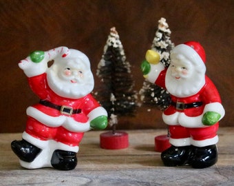 Santa Salt and Pepper Shakers, Vintage Christmas Decor, Santas with Candy Cane & Bell, Holiday Tableware, Collector Gift, Grannycore Kitsch