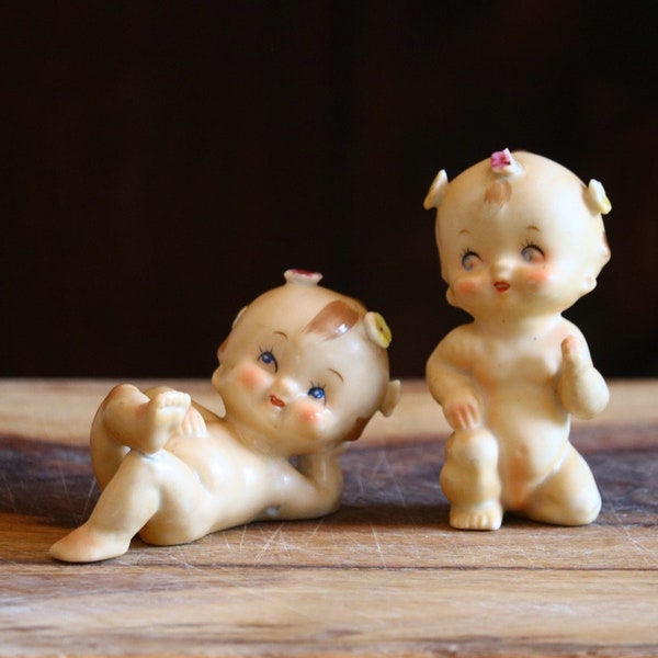 Vintage Nakey Baby Figurines with Flowers on Head! Kitschy Spring Decor, Babies in cute poses, Grannycore Kitsch, Kewpie Like Dolls, DAMAGE!