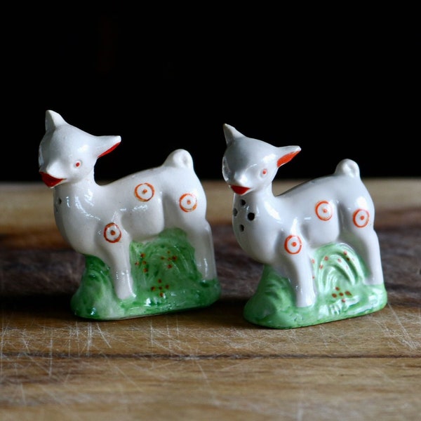 Vintage Lamb Salt and Pepper Shakers, Retro Kitchenalia, Cute Spring Decor, Sheep with Orange Bull Eye Design, Host Gift, Grannycore Kitsch