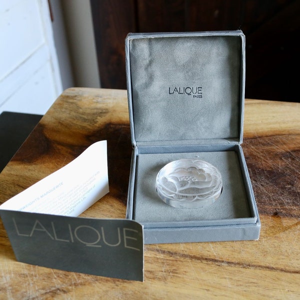 Vintage Lalique Small Marguerites Paperweight, Bougie Office Decor, Beautiful Satin Crystal Embossed Floral Paper Weight, Gift for Collector