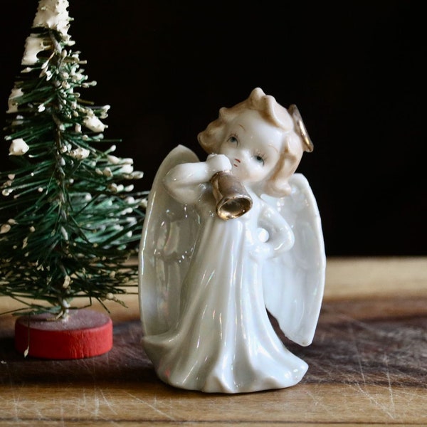 Blume Angel Figurine, Vintage Christmas Decor, Angel with Big Wings holding Gold Bell, Holiday Mantel Decor, Hostess Gift, Grannycore Kitsch