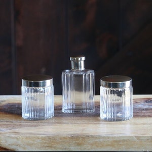 Cold Cream Jar, Powder Box and Perfume Bottle, Vintage Vanity Set, Art Deco Glass Containers with Silver and Brown Tops, Gift for Collector