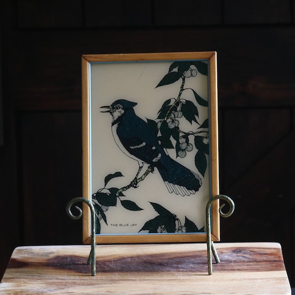 Vintage Framed Blue Jay Picture, Spring Entryway Wall Art, Reverse Glass Painted Bird in Cherry Tree, Gift for Hostess, Grannycore Kitsch