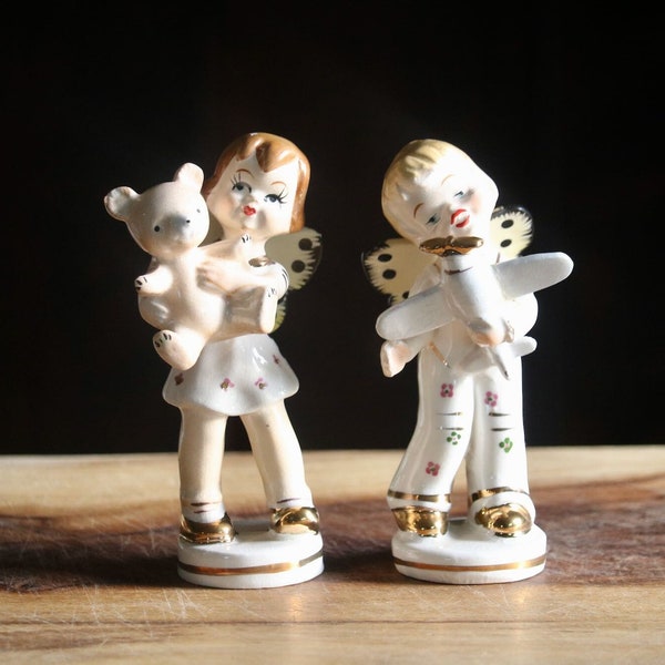 Vintage Girl and Boy Butterfly Figurines, Kitschy Spring Decor, Cute Girl with Teddy Bear, Boy holding Airplane, Grannycore Kitsch, REPAIRS