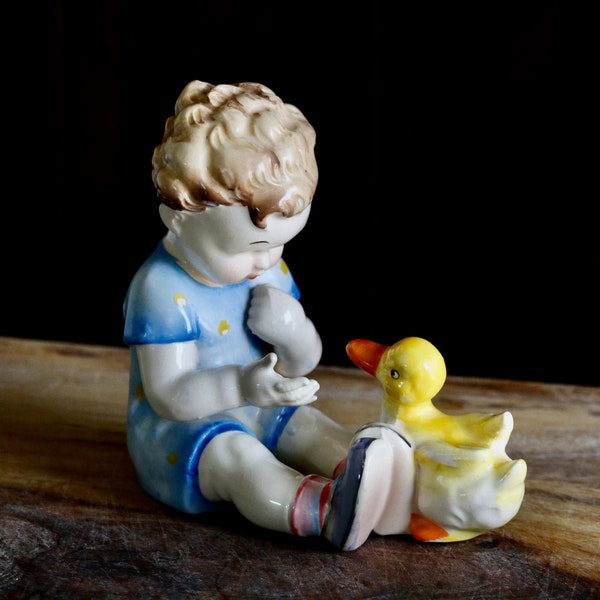 Vintage Boy with Pet Duckling Figurine, Cute Spring Decor, Retro Duck Bathroom Decor, Gift for Grandma, Rubber Ducky Boy, Grannycore Kitsch