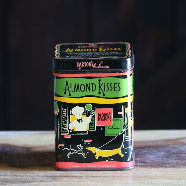 Vintage Almond Kisses Tin, Retro Storage Container, Pop Art Canister, Barton's Bonbonniere Candy Tin, Gift for Collector, Grannycore Kitsch