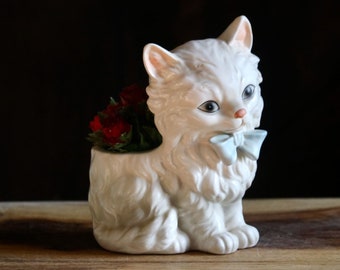 Vintage Lefton Persian Cat Planter, Kitschy Spring Decor, Retro Ceramic Kitty Plant Holder with Blue Bow, Hostess Gift, Grannycore, PITTING!