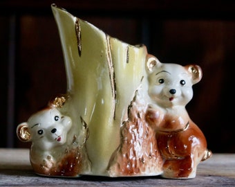 Vintage Bear Vase Yellow and Brown Animal Vase Whimsical Bear Cub Twins Vase Vintage Bear Vase Yellow and Brown Animal Vase Whimsical Bear Cub Twins Vase