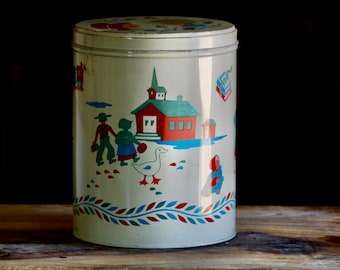 Vintage Tin Kitchen Canister, Retro Kitchenalia, Cute Pantry Storage, Pennsylvania Dutch Folk Art, Gift for Hostess, Grannycore Kitsch