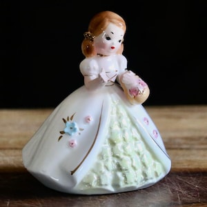 Vintage Stauffer Original Girl holding Flower Basket Figurine, Kitschy Cute Decor, Young Lady in White Gown w applied Flower, Collector Gift