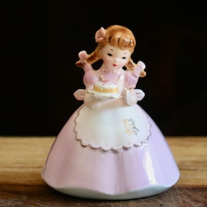 Vintage Josef Originals TYPE Girl Figurine holds Cake, Kitschy Spring Decor, Little Housekeeping Girl w Braids holding Cake, Collector Gift