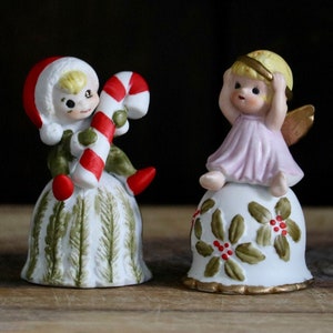 Kitschy Porcelain Bells, Vintage Christmas Decor, Cute Elf with Candy Cane, Little Angel wearing Halo, Collector Gift, Grannycore Kitsch