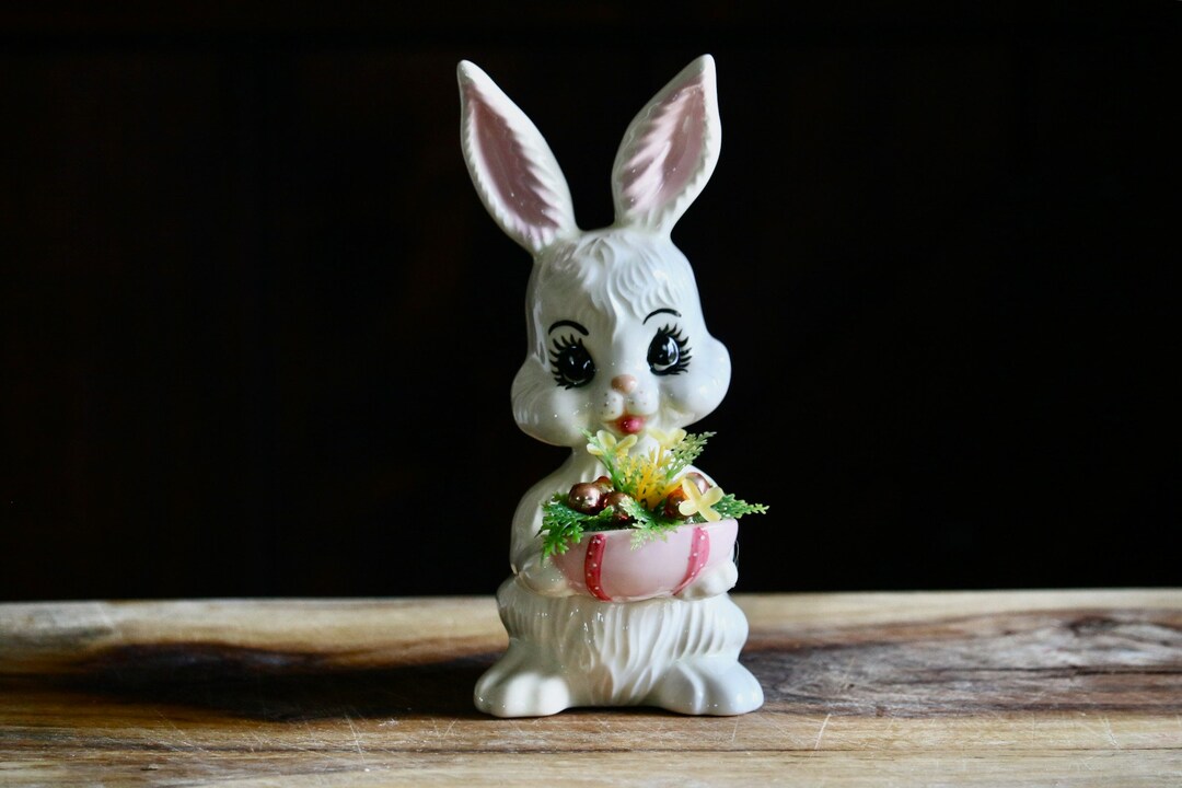 Bunny Figurine Holding Kitschy Flowers & Pink Mercury Glass Bead