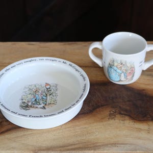 Vintage Peter Rabbit Dishes, Beatrix Potter Tableware, Wedgwood Bowl and Two Handle Cup, Mrs. Rabbbit & Flopsy, Mopsy and Cottontail Bunnies