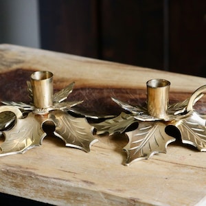 Layered Brass Holly Leaf Candleholders, Vintage Christmas Decor, Use as Holiday Table Centerpiece! Brass Candlestick Holders w/ Finger Hook